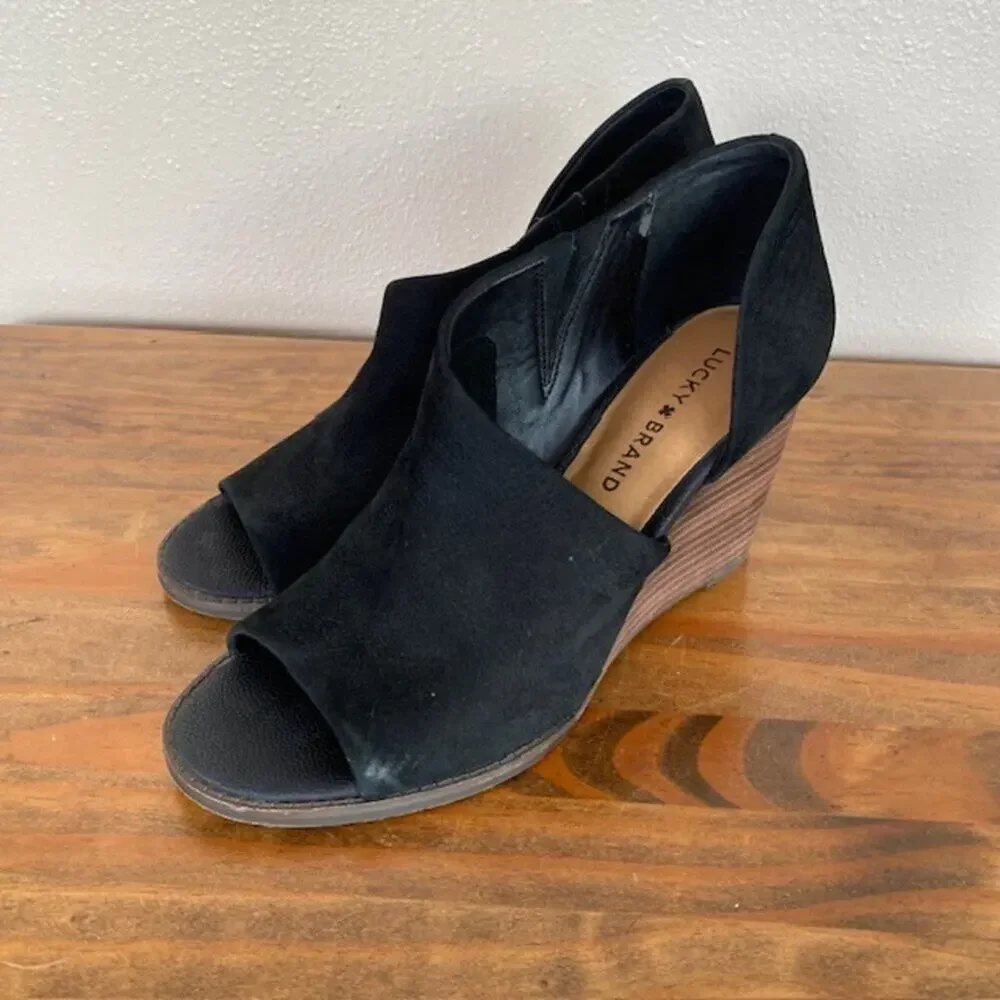 Lucky Brand Black Open Toe Wedge Tylera Booties - SIze 8